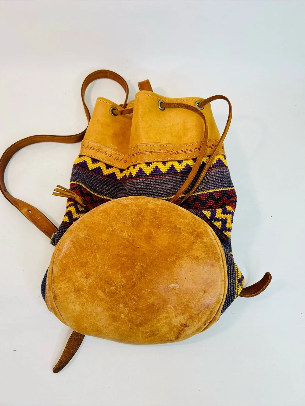 Vintage Handwoven Kilim Backpack Bucket Bag, Drawstring, Tribal Pattern, Leather